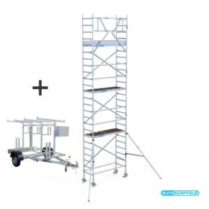Rolsteiger Euroscaffold PROF. 0.75×1.90×8.2m werkhoogte tegen de gevel + Steigeraanhanger
