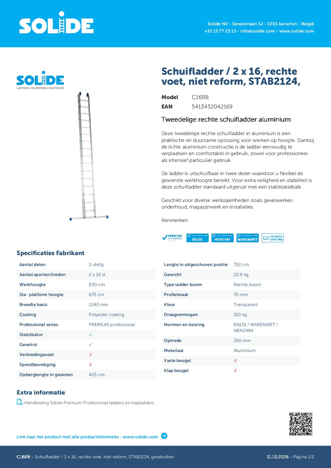 SOLIDE Schuifladder 2×16 sporten C16RB met balk - Afbeelding 10