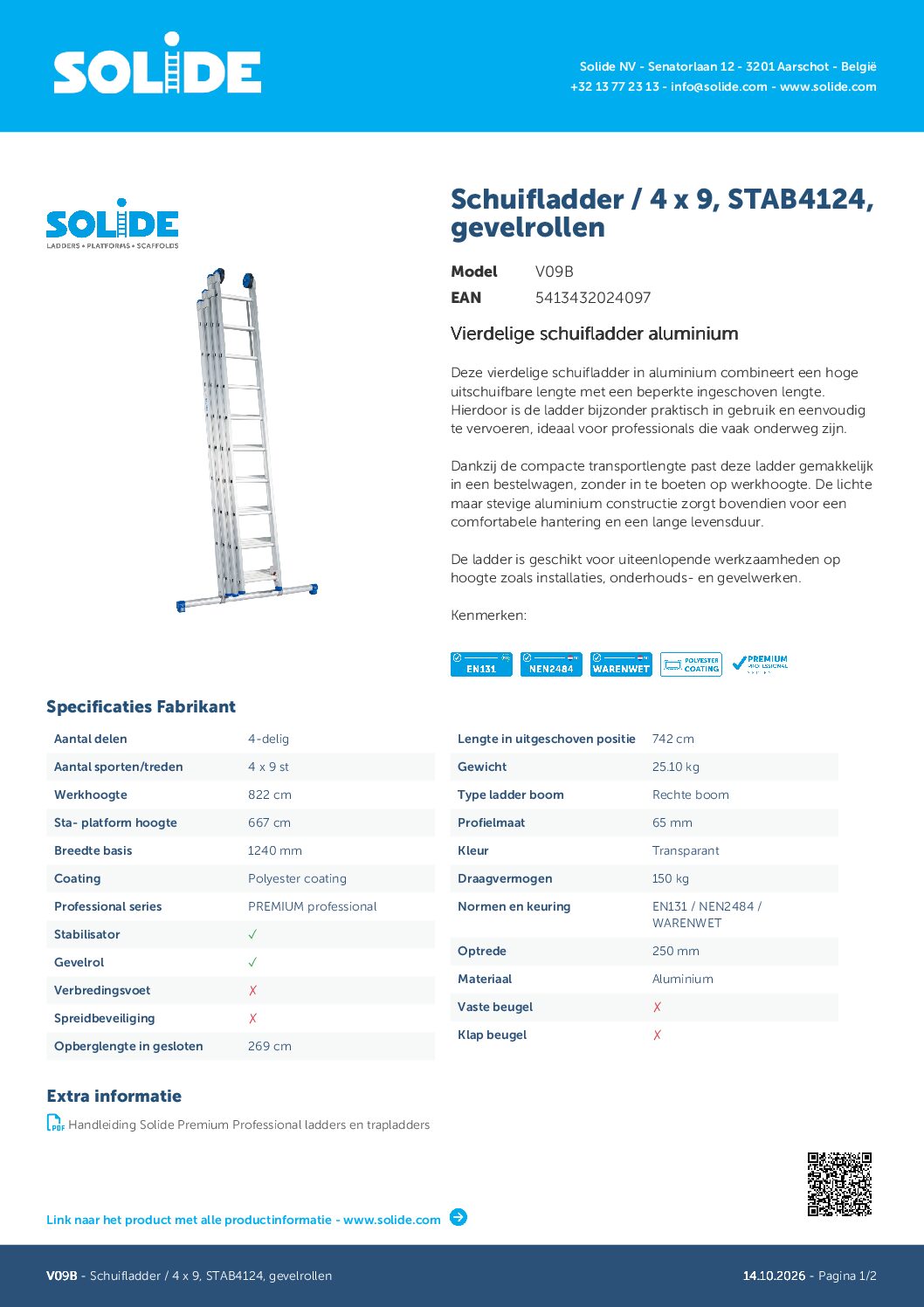 SOLIDE Schuifladder met stabiliteitsbalk 4×9 sporten V09B - Afbeelding 7