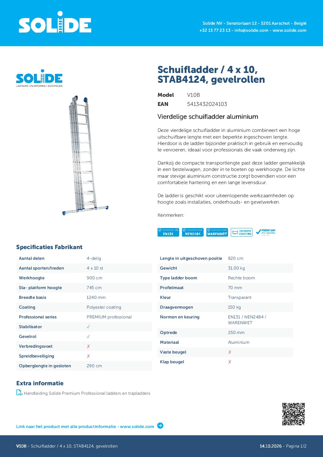 SOLIDE Schuifladder met stabiliteitsbalk 4×10 sporten V10B - Afbeelding 7